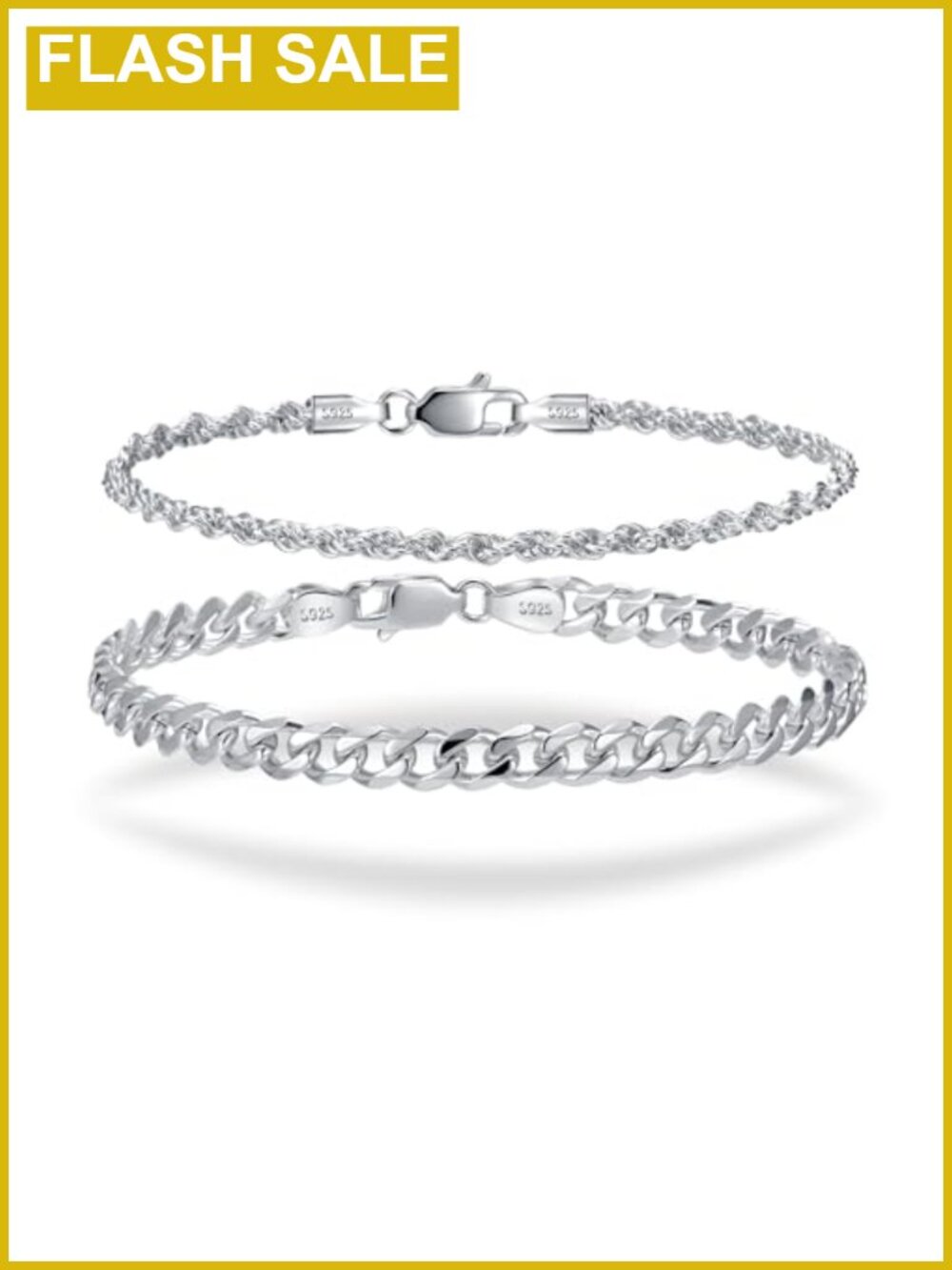 S925 Sterling Silver Cuban Link & Rope Chain Bracelet Set for Men Women